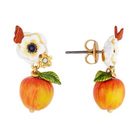 White poppy flower, butterfly and apple stud earrings